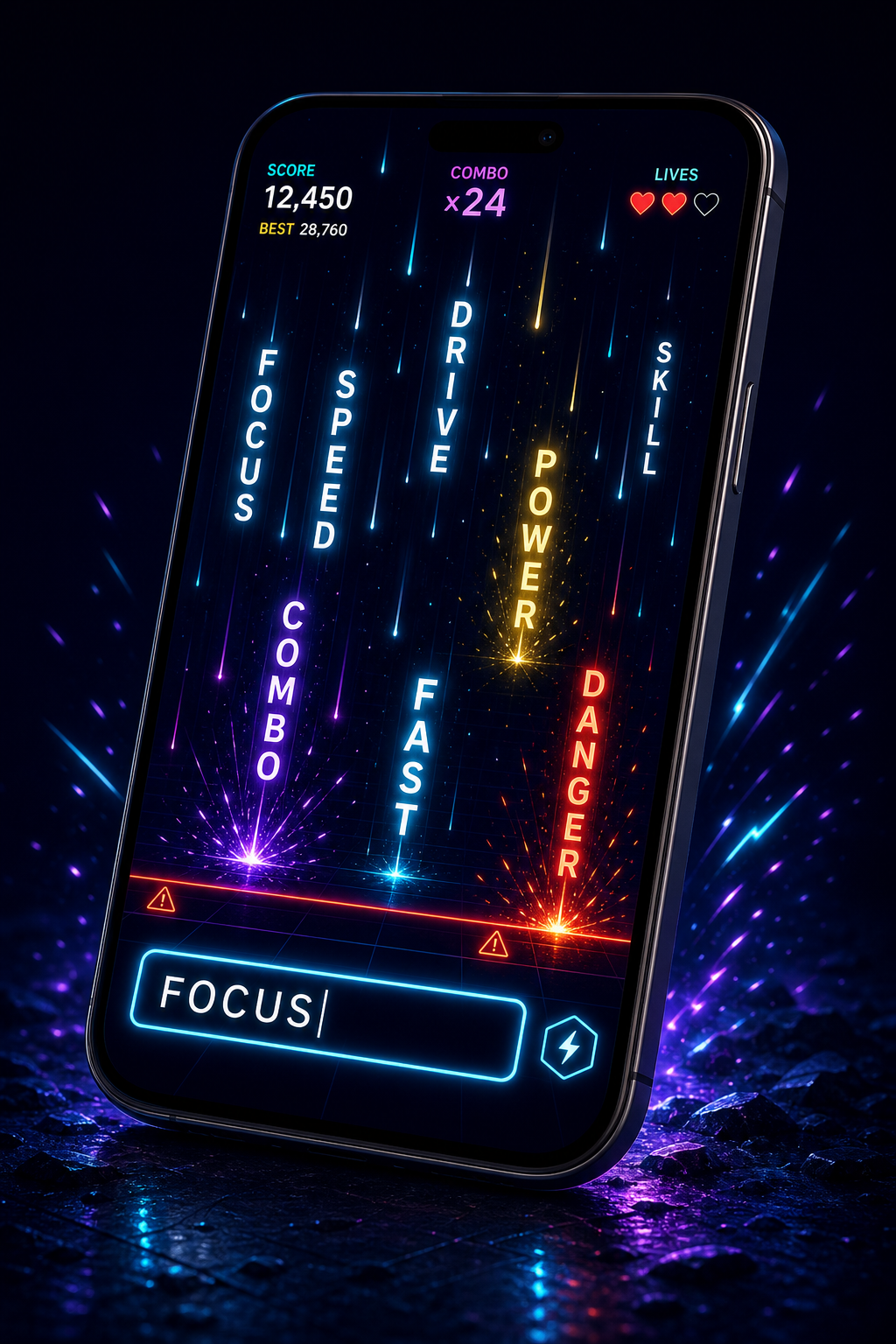 Typer mobile game screen with falling glowing words